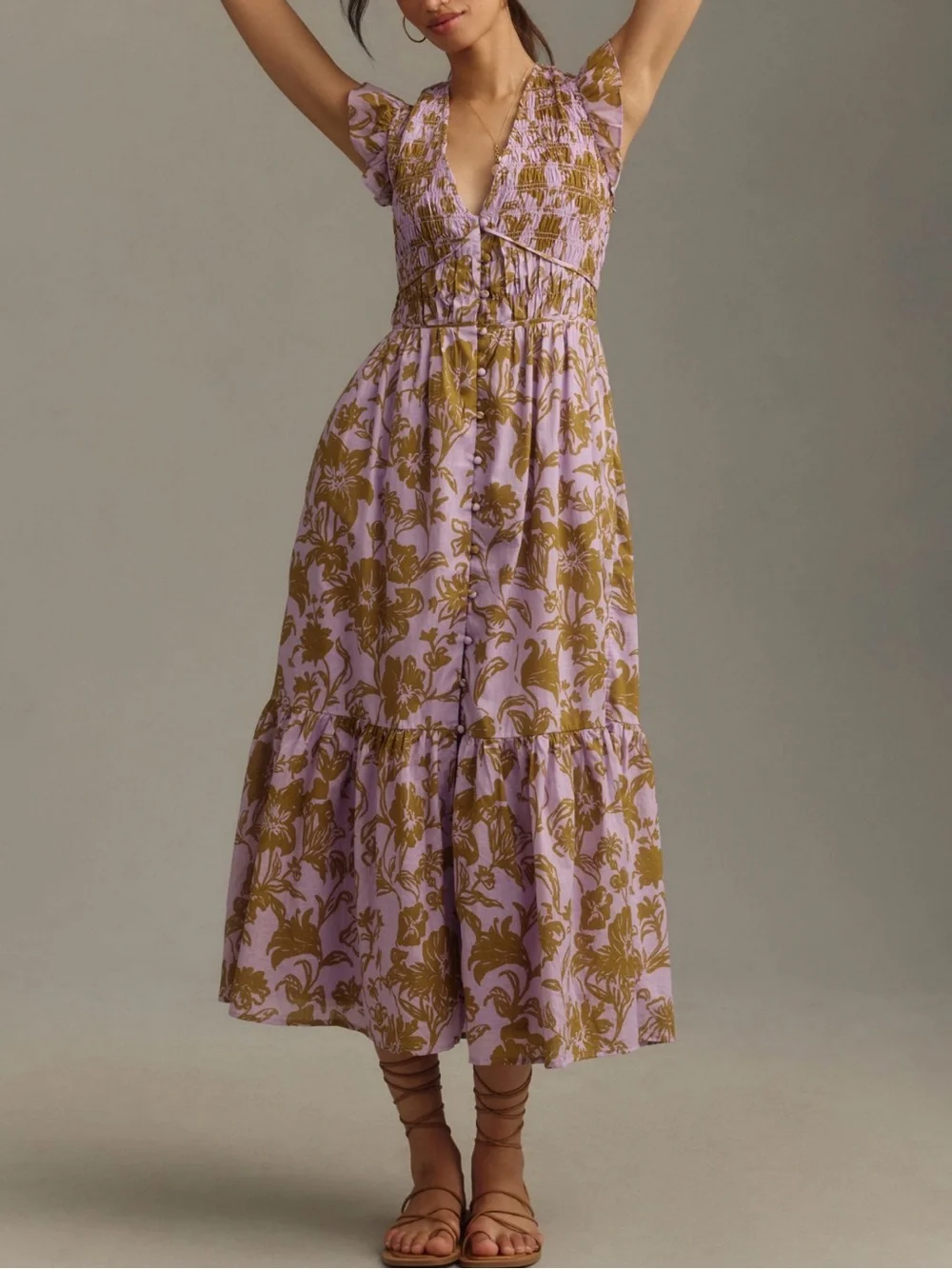 Anthropologie Peregrine Mauve Midi Dress with Olive Floral Print